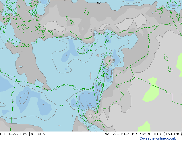 RH 0-300 m GFS śro. 02.10.2024 06 UTC