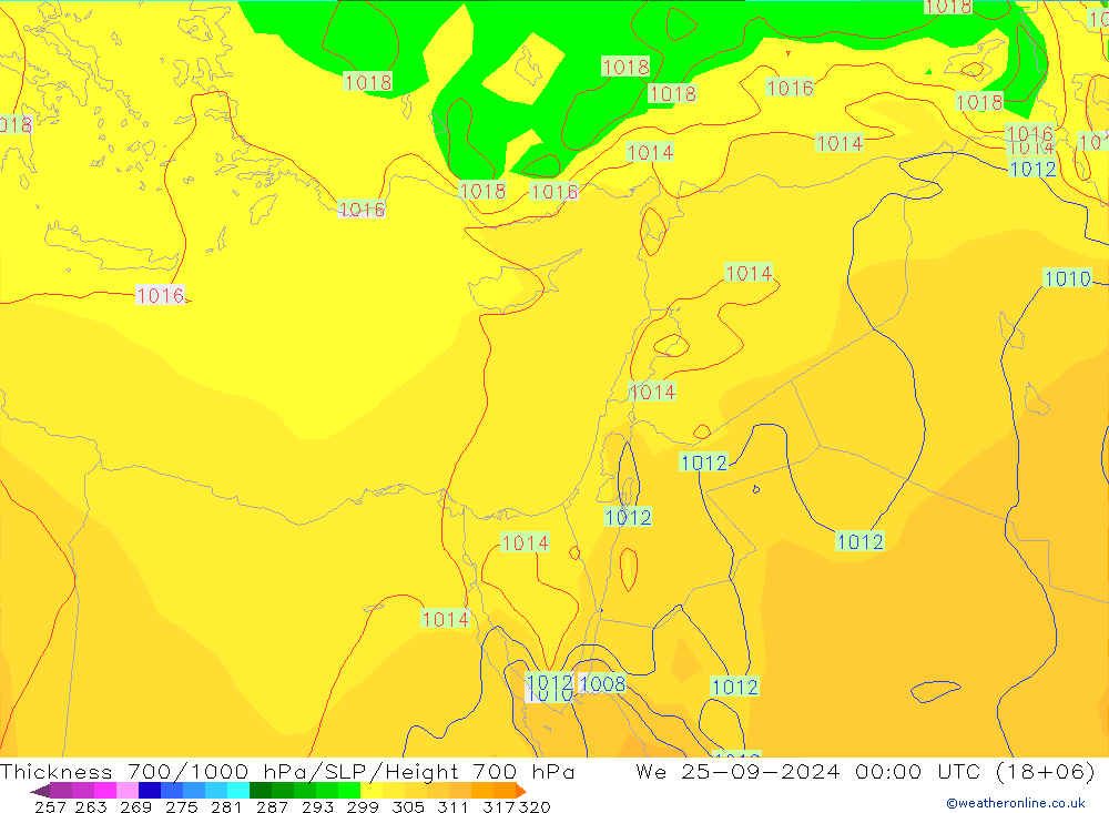 Thck 700-1000 hPa GFS Qua 25.09.2024 00 UTC