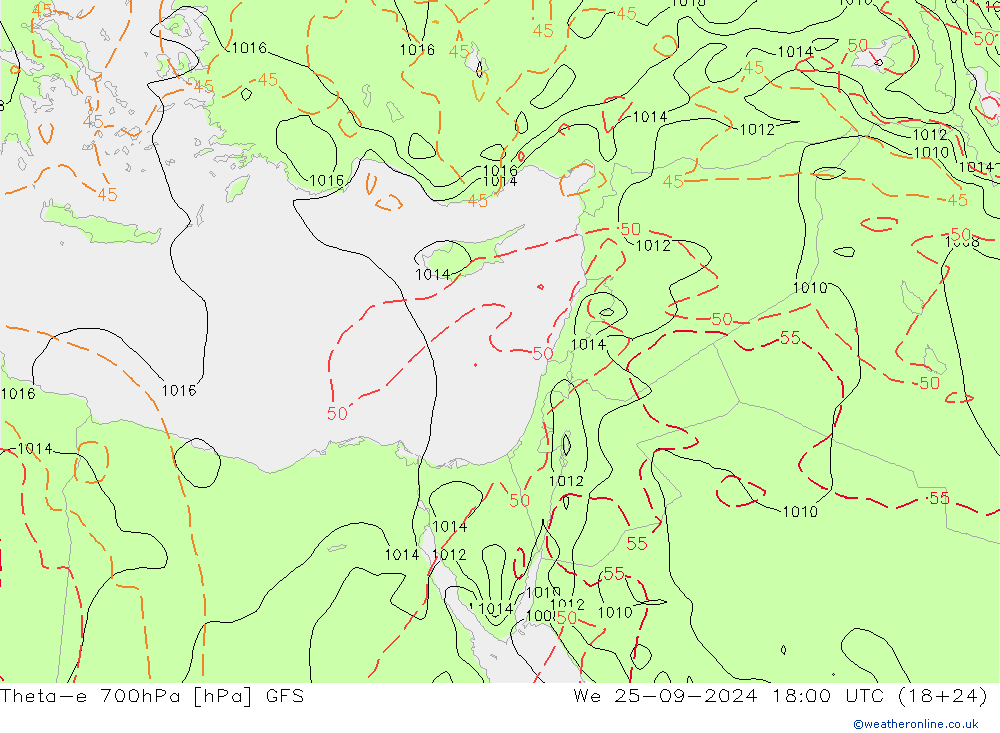 Theta-e 700hPa GFS Qua 25.09.2024 18 UTC