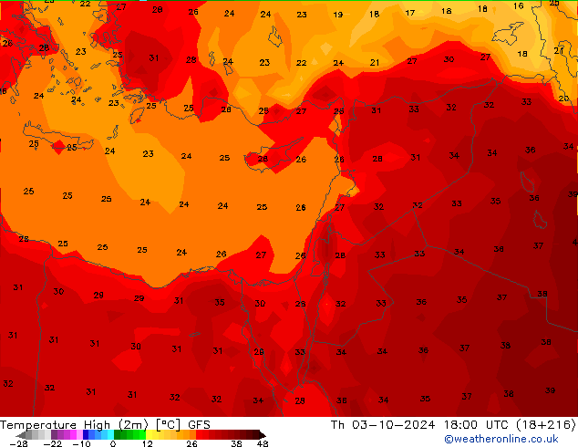 Nejvyšší teplota (2m) GFS Čt 03.10.2024 18 UTC