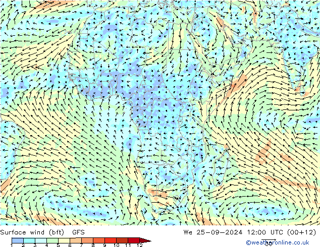  10 m (bft) GFS  25.09.2024 12 UTC