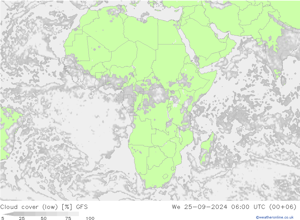 Cloud cover (low) GFS We 25.09.2024 06 UTC