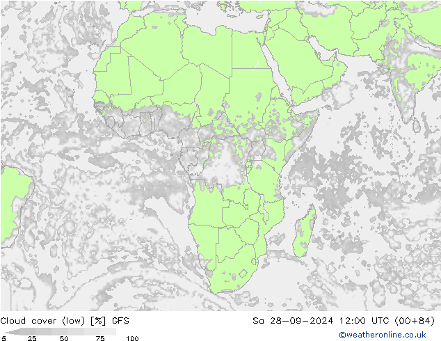 Cloud cover (low) GFS Sa 28.09.2024 12 UTC