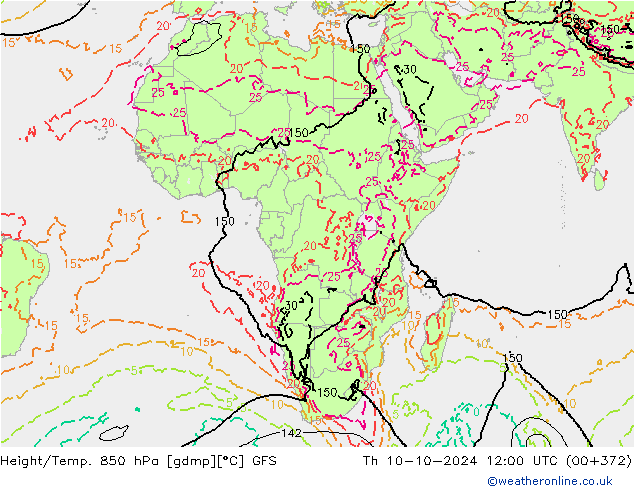 Height/Temp. 850 hPa GFS gio 10.10.2024 12 UTC