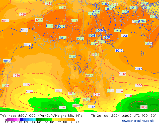 Thck 850-1000 hPa GFS Qui 26.09.2024 06 UTC