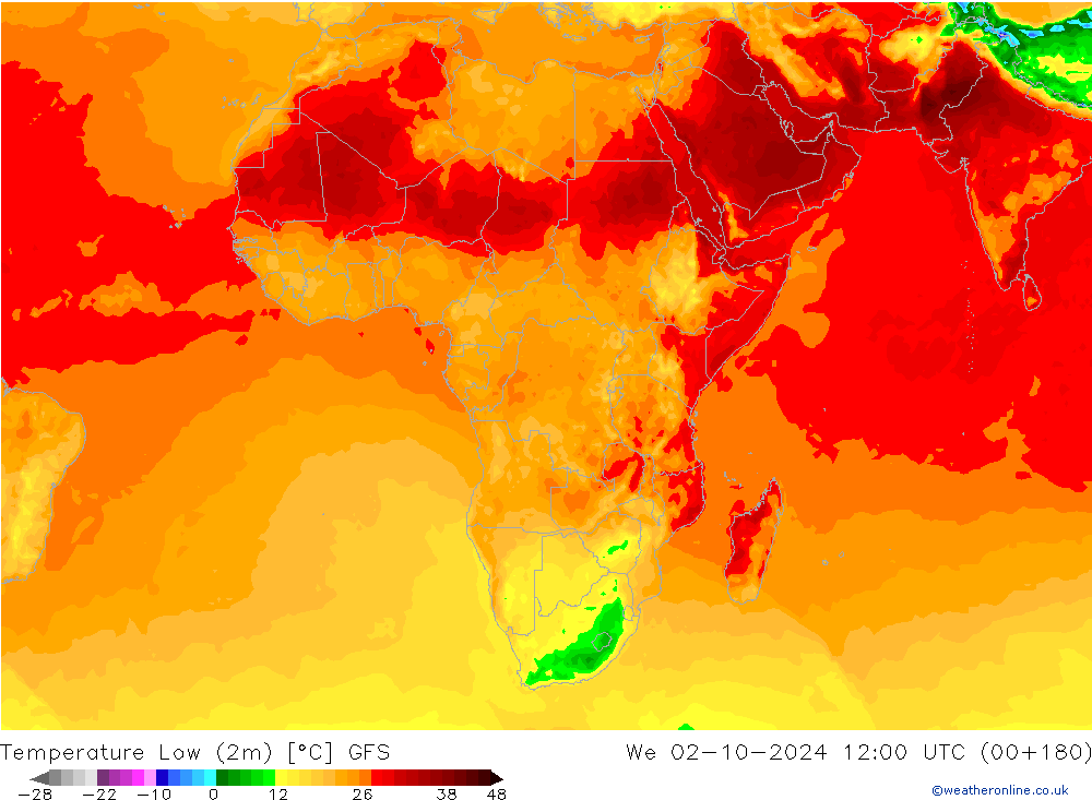 Temp. minima (2m) GFS mer 02.10.2024 12 UTC