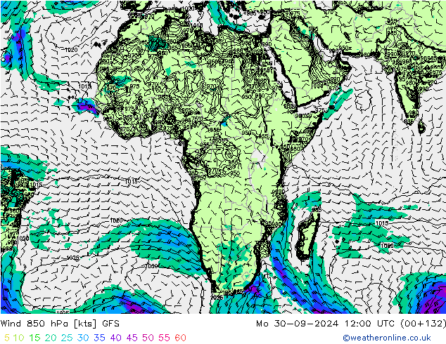 Rüzgar 850 hPa GFS Pzt 30.09.2024 12 UTC