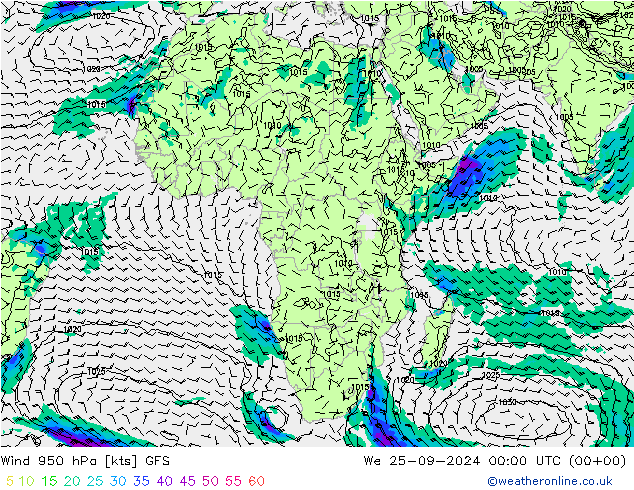 Wind 950 hPa GFS wo 25.09.2024 00 UTC