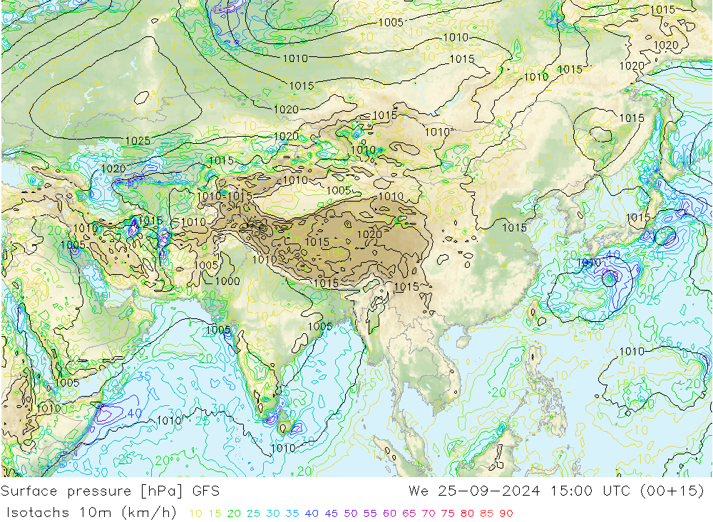 Izotacha (km/godz) GFS śro. 25.09.2024 15 UTC