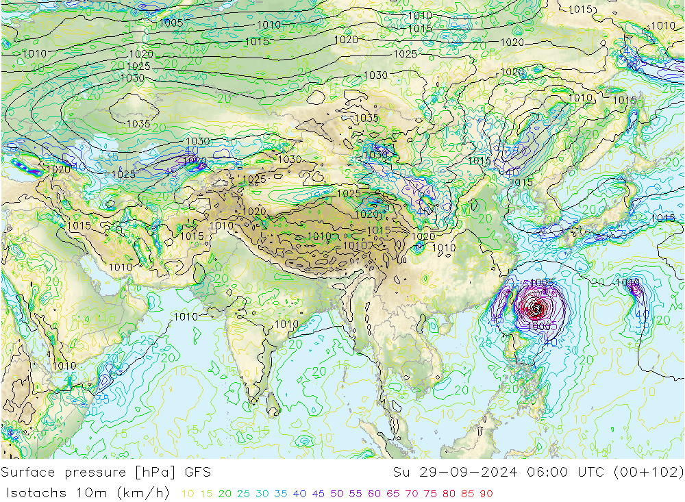 Isotachs (kph) GFS Ne 29.09.2024 06 UTC