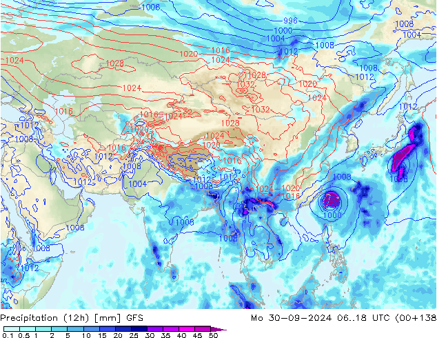 Precipitation (12h) GFS Mo 30.09.2024 18 UTC