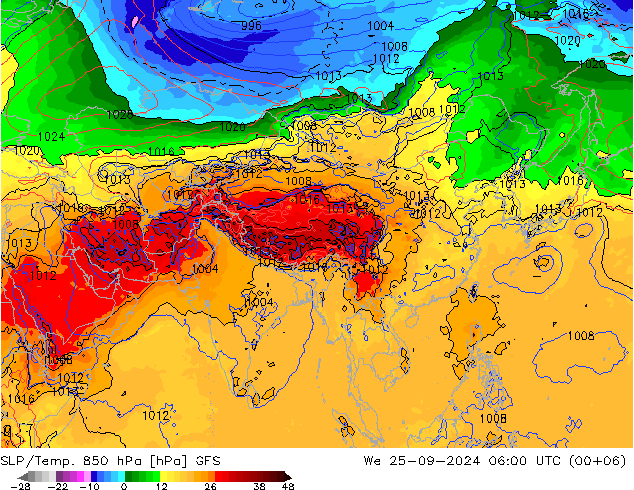 SLP/Temp. 850 hPa GFS Mi 25.09.2024 06 UTC