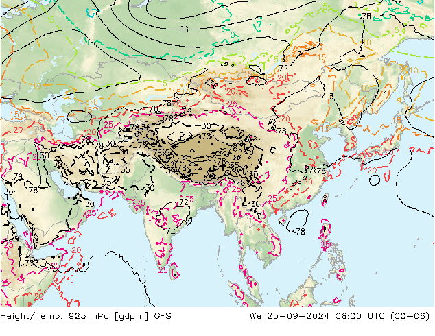 Height/Temp. 925 hPa GFS mer 25.09.2024 06 UTC