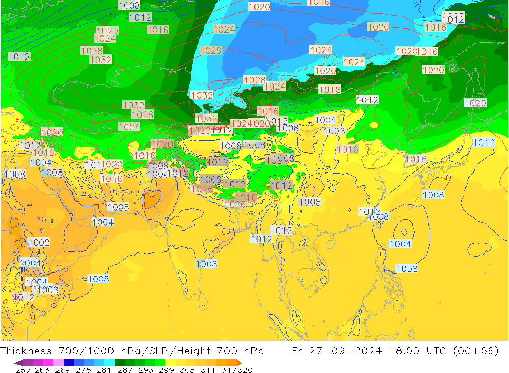 Thck 700-1000 hPa GFS ven 27.09.2024 18 UTC
