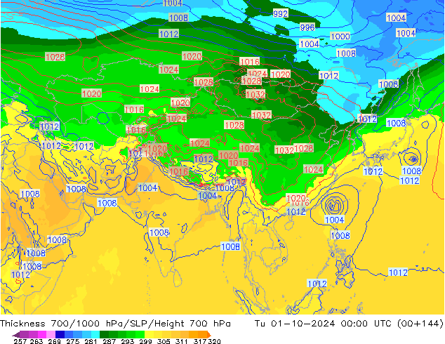 Thck 700-1000 hPa GFS  01.10.2024 00 UTC