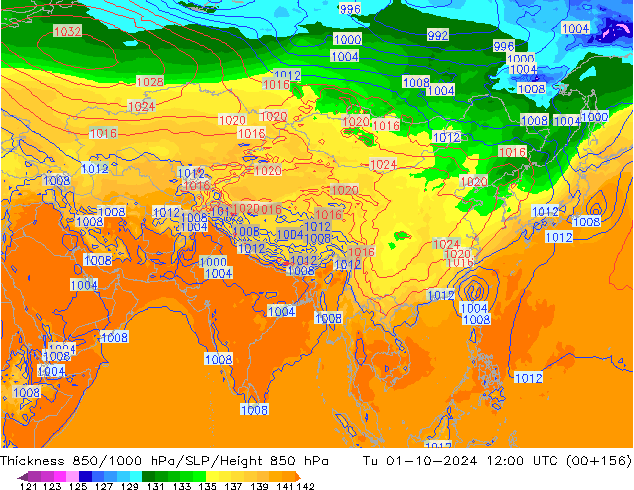 Thck 850-1000 hPa GFS Ter 01.10.2024 12 UTC