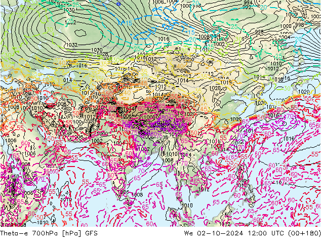 Theta-e 700hPa GFS mer 02.10.2024 12 UTC