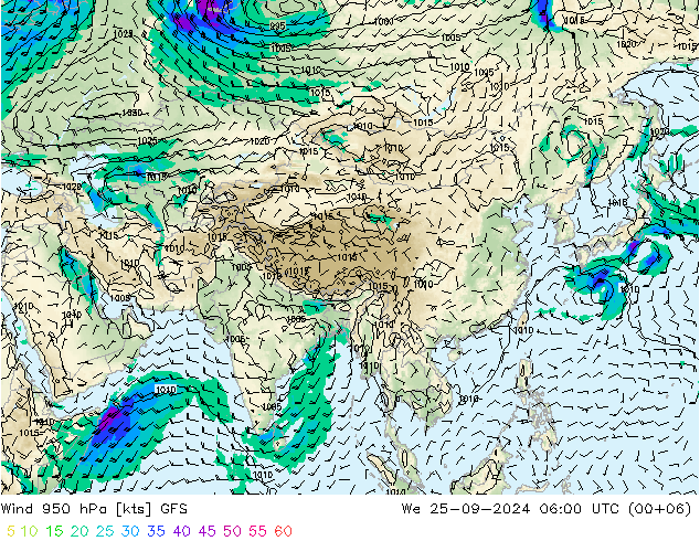 Vento 950 hPa GFS Qua 25.09.2024 06 UTC