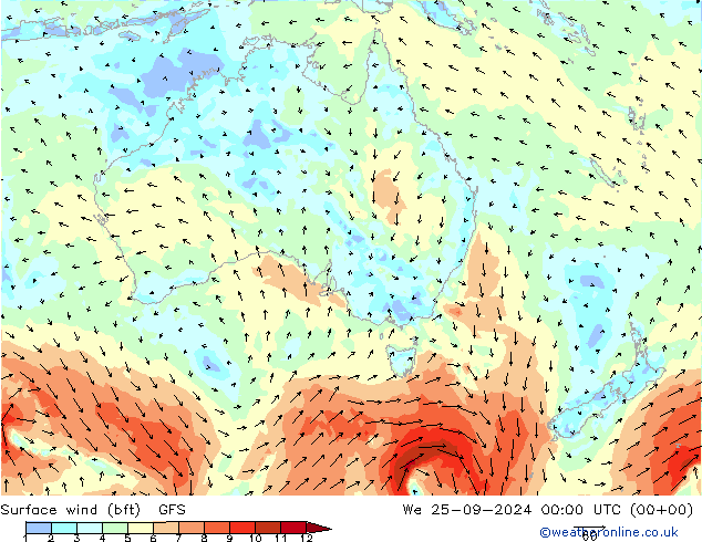 Surface wind (bft) GFS We 25.09.2024 00 UTC