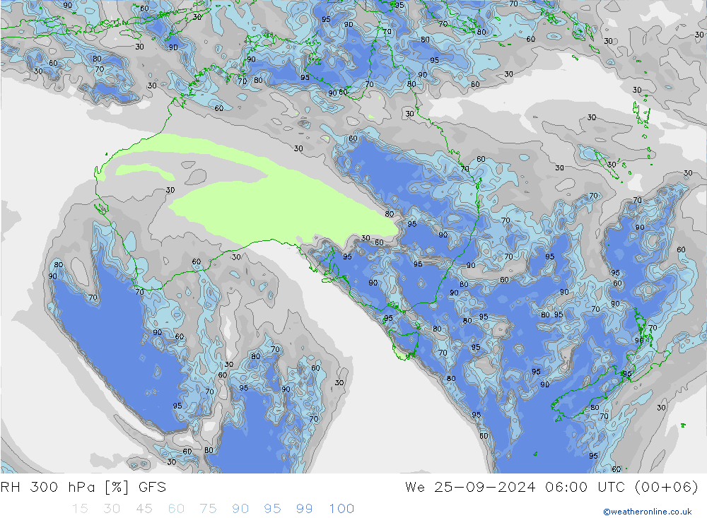 Humidité rel. 300 hPa GFS mer 25.09.2024 06 UTC