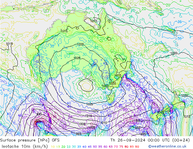 Isotachs (kph) GFS  26.09.2024 00 UTC