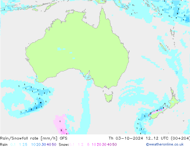 Rain/Snowfall rate GFS Th 03.10.2024 12 UTC