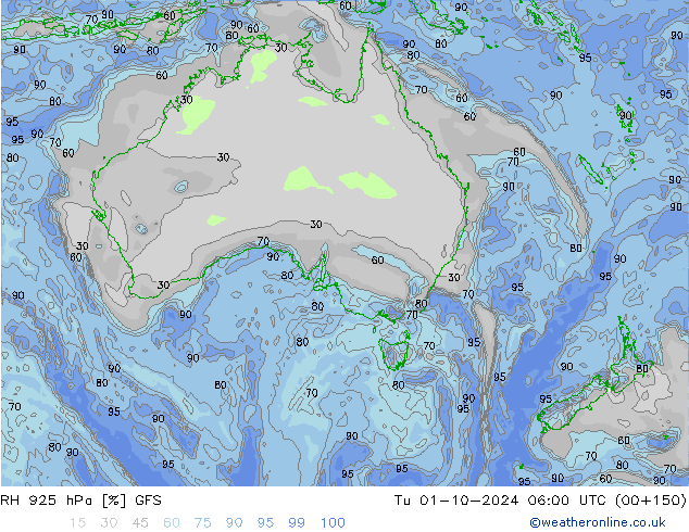 RH 925 hPa GFS Út 01.10.2024 06 UTC