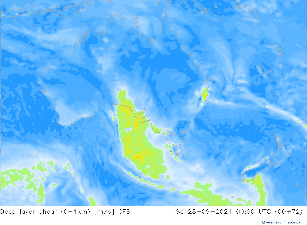 Deep layer shear (0-1km) GFS Sa 28.09.2024 00 UTC