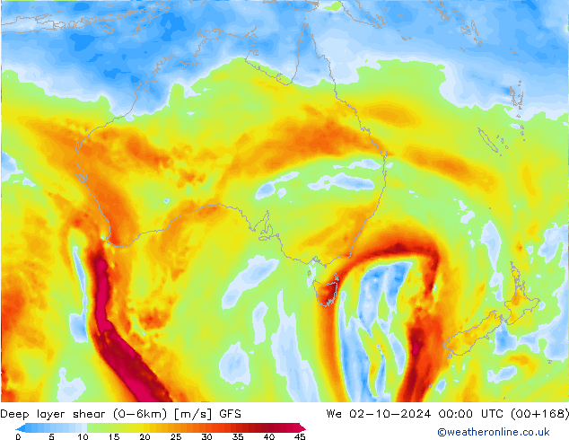 Deep layer shear (0-6km) GFS We 02.10.2024 00 UTC