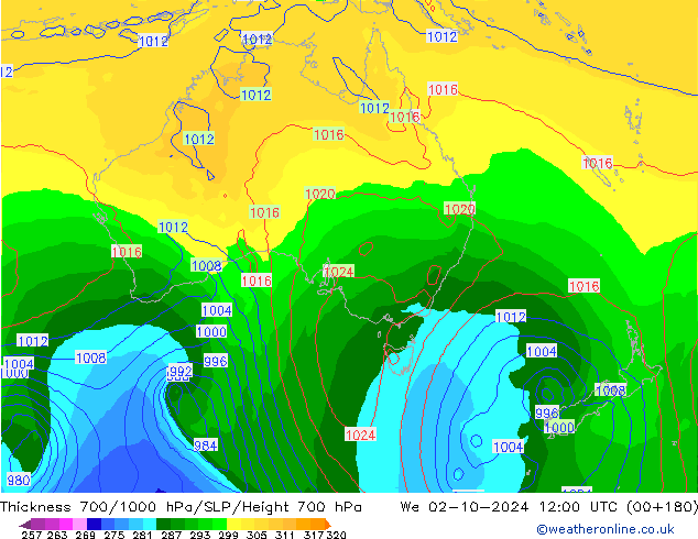 Thck 700-1000 hPa GFS mer 02.10.2024 12 UTC