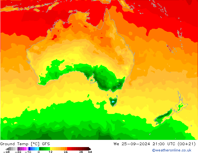 Topraküstü en düşük Sıc. GFS Çar 25.09.2024 21 UTC