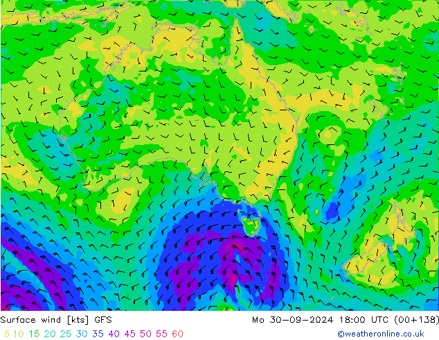 Vento 10 m GFS lun 30.09.2024 18 UTC