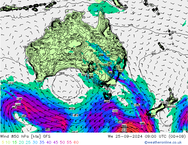 Vento 850 hPa GFS mer 25.09.2024 09 UTC