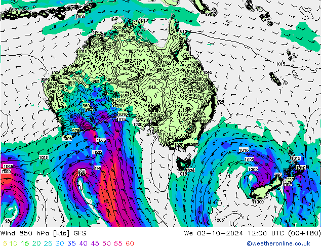 Vento 850 hPa GFS Qua 02.10.2024 12 UTC