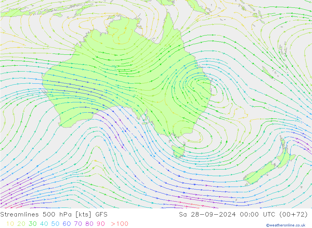 Linia prądu 500 hPa GFS so. 28.09.2024 00 UTC