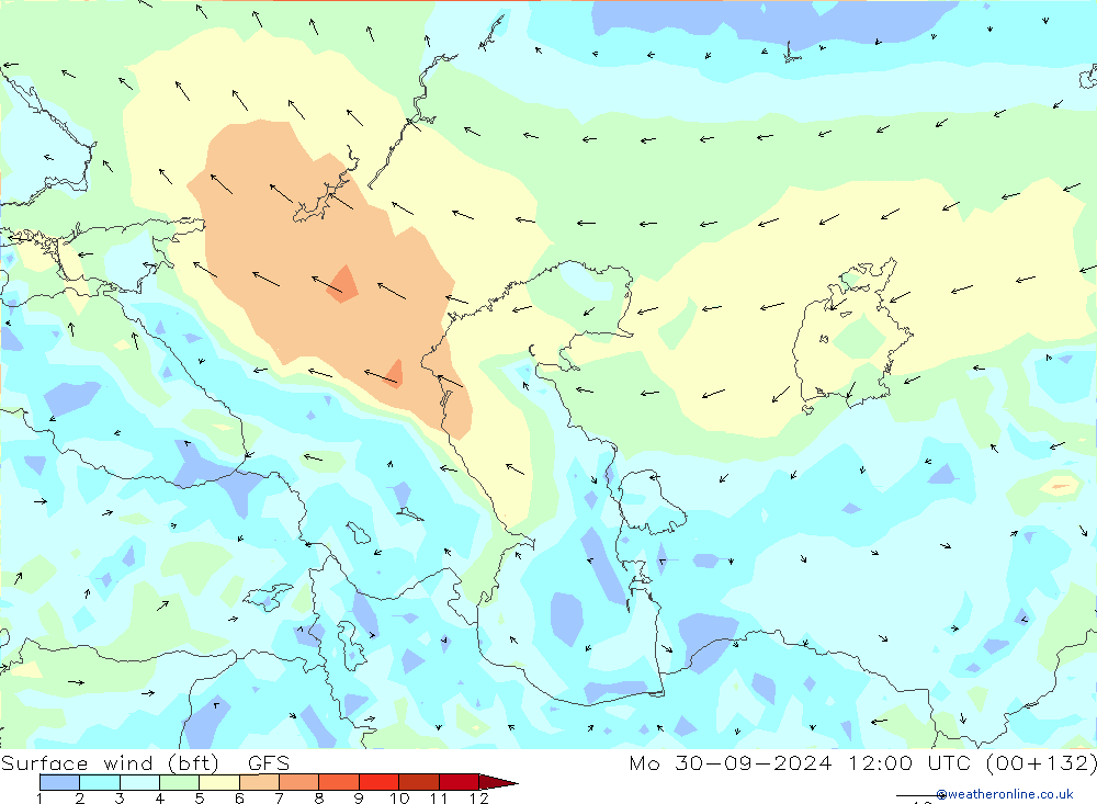 ве�Bе�@ 10 m (bft) GFS пн 30.09.2024 12 UTC