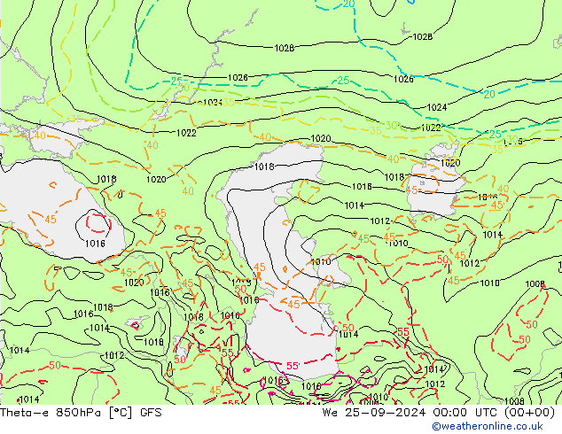 Theta-e 850hPa GFS mer 25.09.2024 00 UTC