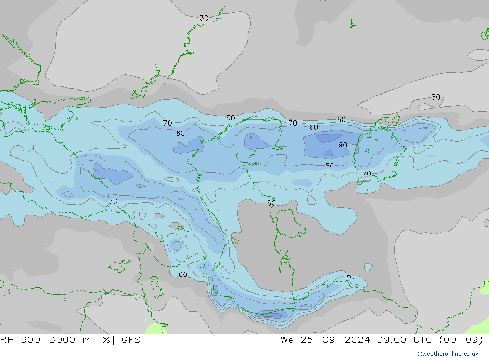 RH 600-3000 m GFS  25.09.2024 09 UTC