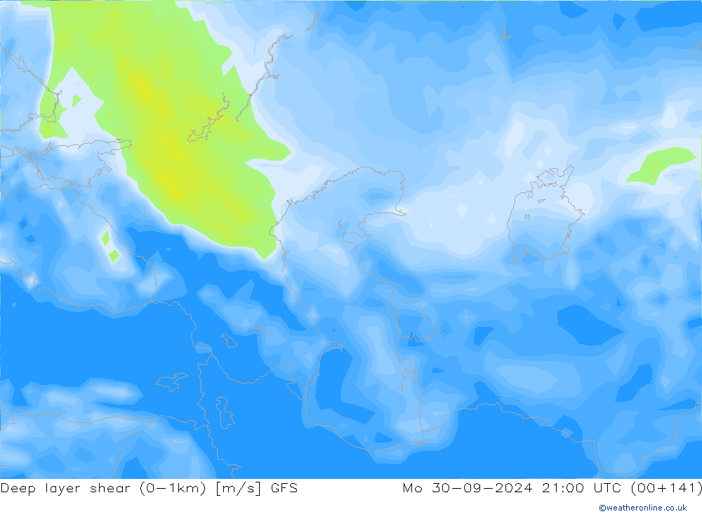 Deep layer shear (0-1km) GFS Mo 30.09.2024 21 UTC