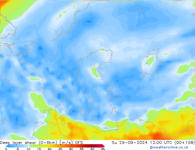 Deep layer shear (0-6km) GFS Dom 29.09.2024 12 UTC