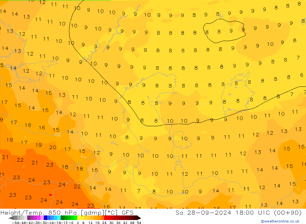 Height/Temp. 850 hPa GFS Sa 28.09.2024 18 UTC