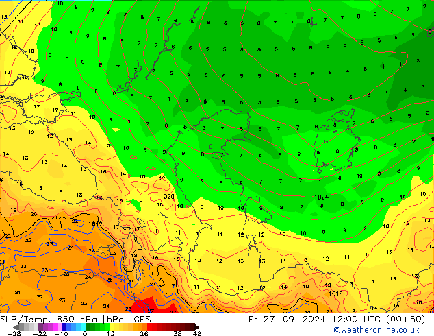 SLP/Temp. 850 hPa GFS Fr 27.09.2024 12 UTC