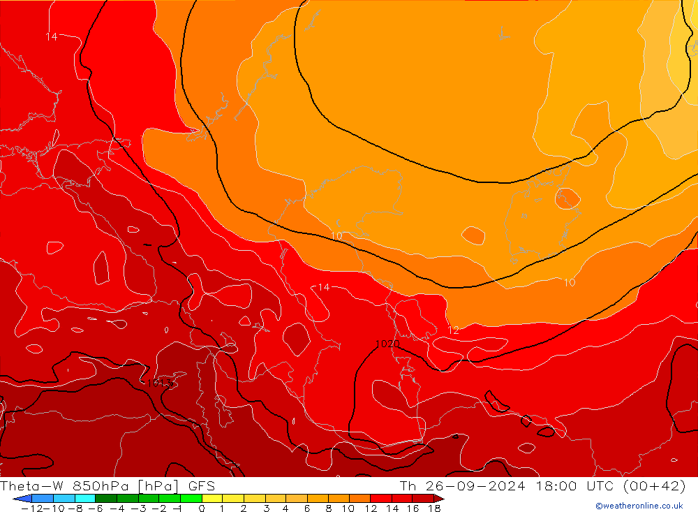 Theta-W 850hPa GFS Čt 26.09.2024 18 UTC