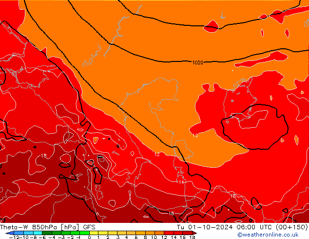 Theta-W 850hPa GFS wto. 01.10.2024 06 UTC