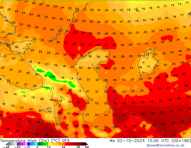 température 2m max GFS mer 02.10.2024 12 UTC