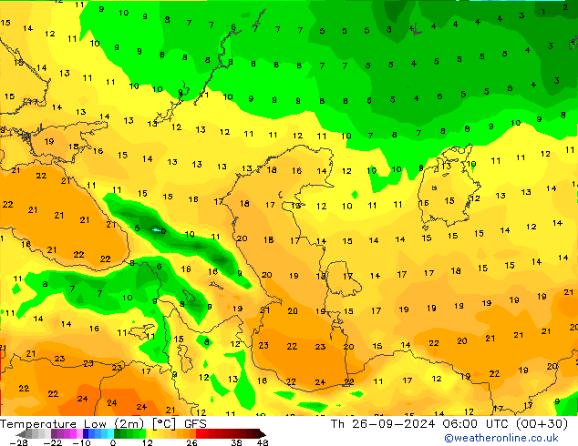 Min. Temperatura (2m) GFS czw. 26.09.2024 06 UTC