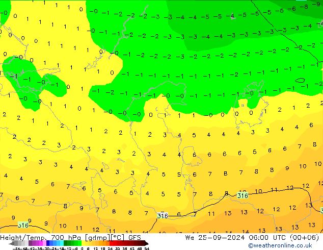 Height/Temp. 700 hPa GFS We 25.09.2024 06 UTC