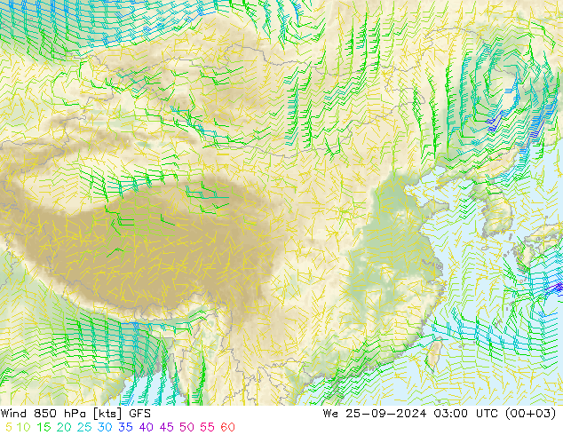 ветер 850 гПа GFS ср 25.09.2024 03 UTC