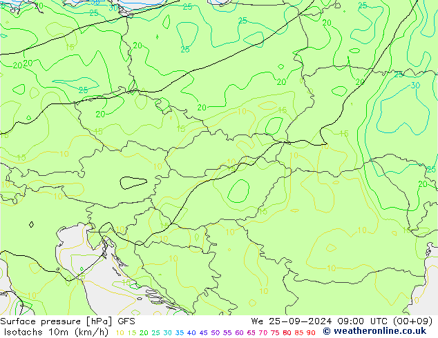 Isotachs (kph) GFS ср 25.09.2024 09 UTC