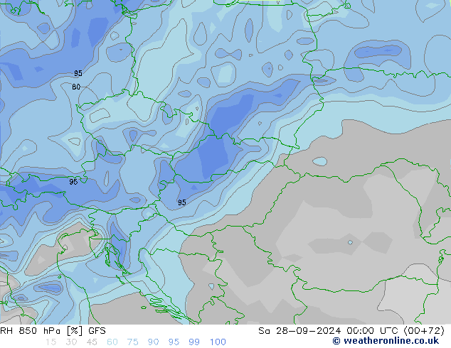 RH 850 гПа GFS сб 28.09.2024 00 UTC